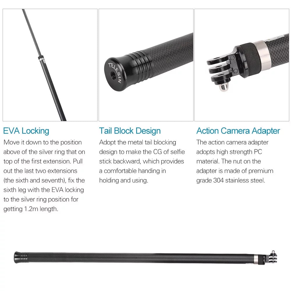 2.7M106 Inch Ultra Long Carbon Fiber Selfie Stick Lightweight Extendable Handheld Pole Monopod Replacement for Hero 11109876Hero 5 Black(2018) Replacement for One   Action