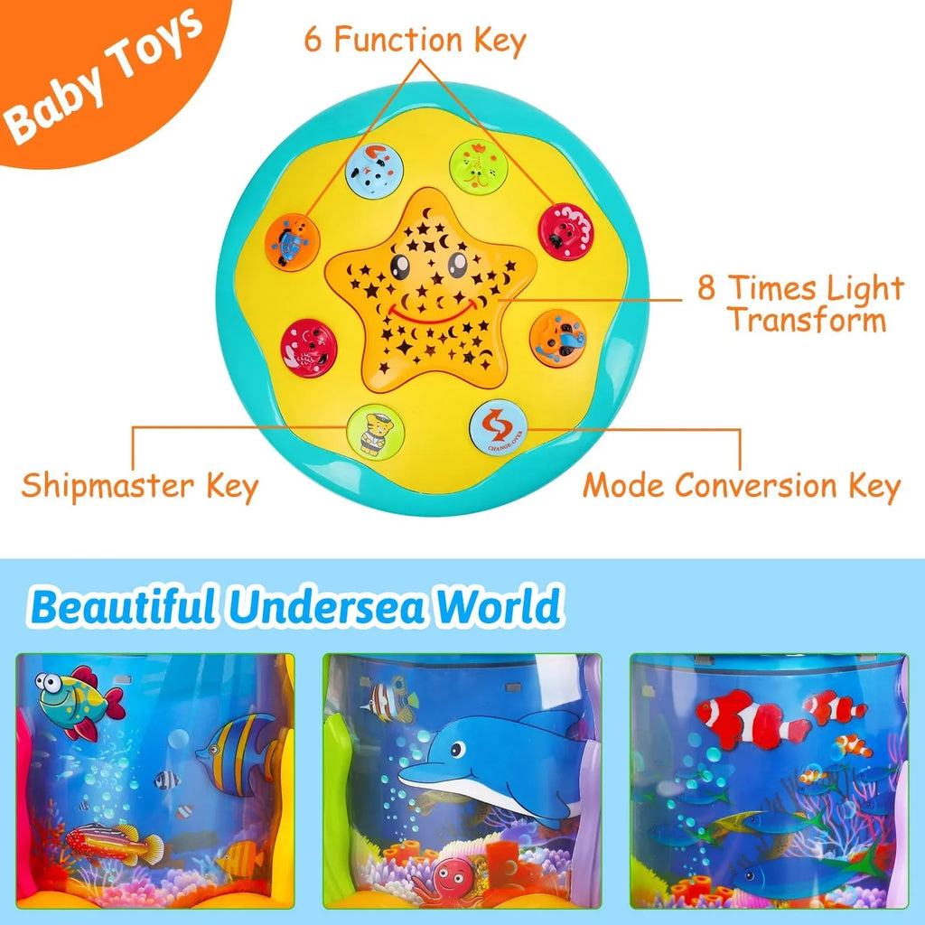 Baby Toys 6 to 12 Months 4 in 1 Musical Projector Ocean Rotating Tummy Time Learning Crawling Light Up Toys