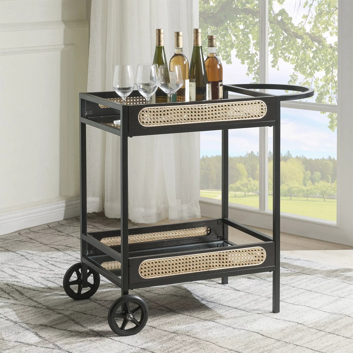 Kitchen Carts Serving Cart, Black Finish Metal & Wood